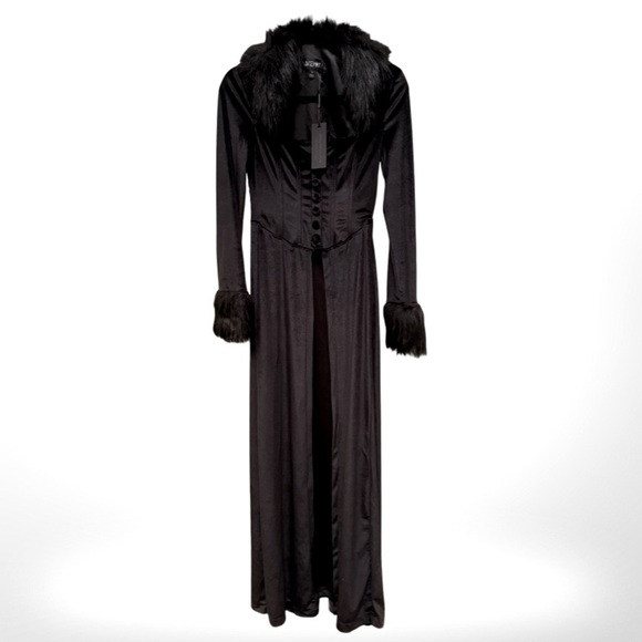 Dreamy Black Goth Long Dress with Faux Fur Trim - Picture 1 of 7